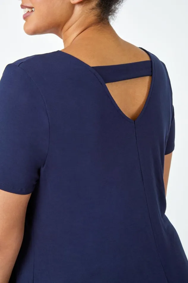 Women Navy Curve Plain Bar Back Stretch Top Roman Tops