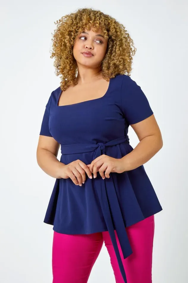 Women Navy Curve Stretch Belted Peplum Top Roman Tops