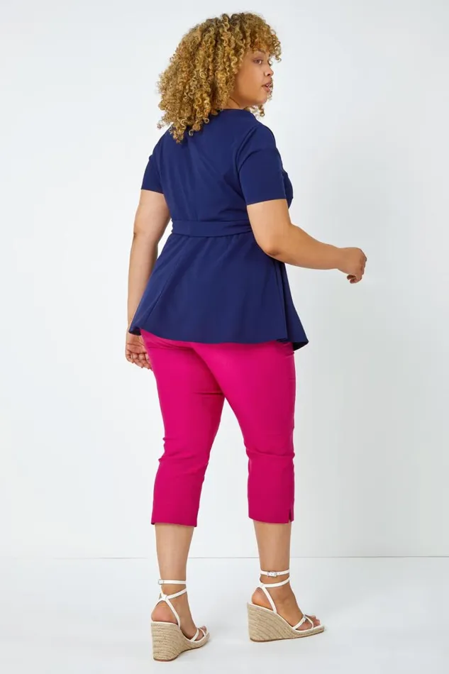 Women Navy Curve Stretch Belted Peplum Top Roman Tops