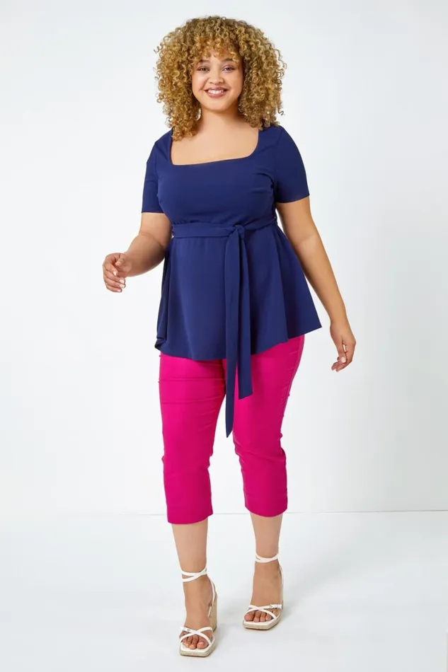 Women Navy Curve Stretch Belted Peplum Top Roman Tops