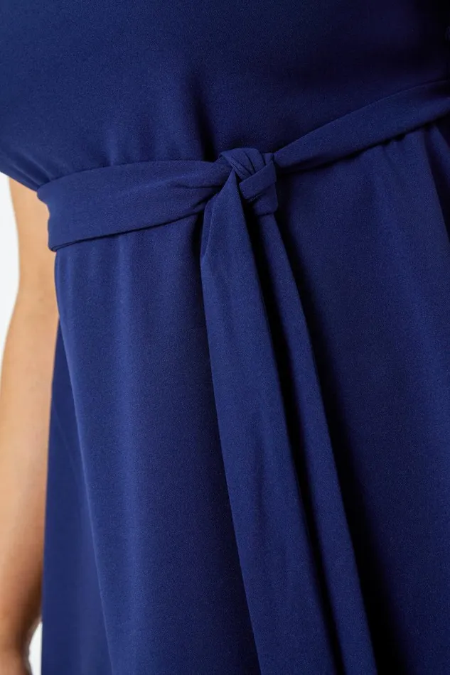 Women Navy Curve Stretch Belted Peplum Top Roman Tops