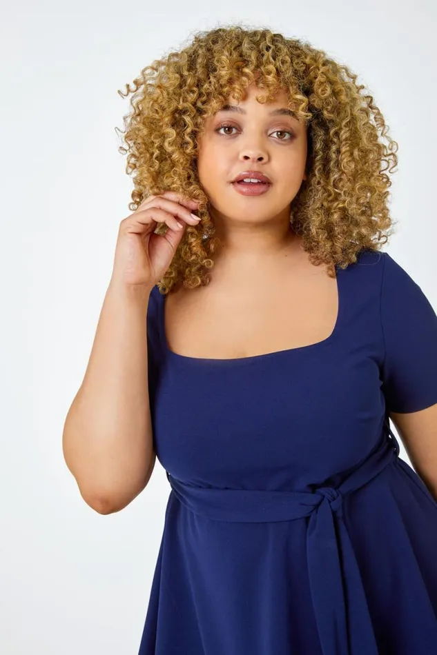 Women Navy Curve Stretch Belted Peplum Top Roman Tops