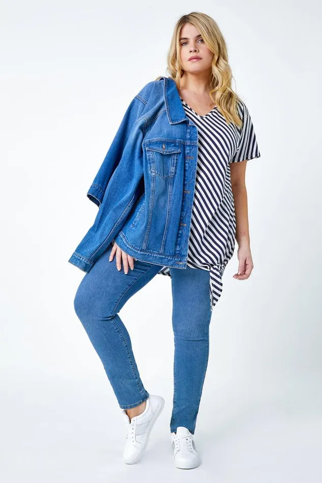 Women Navy Curve Stripe Side Tie Stretch Top Roman Tops