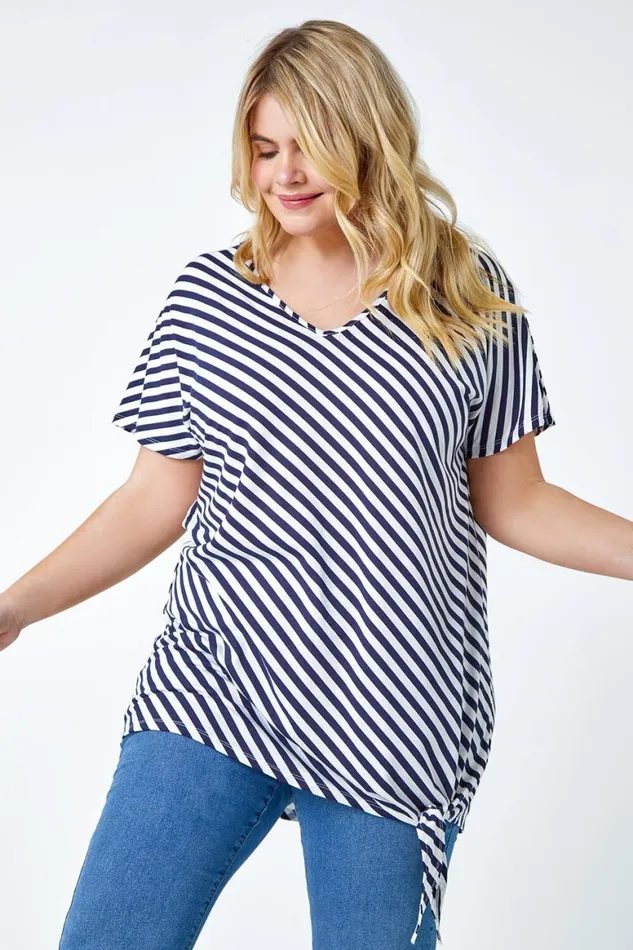 Women Navy Curve Stripe Side Tie Stretch Top Roman Tops