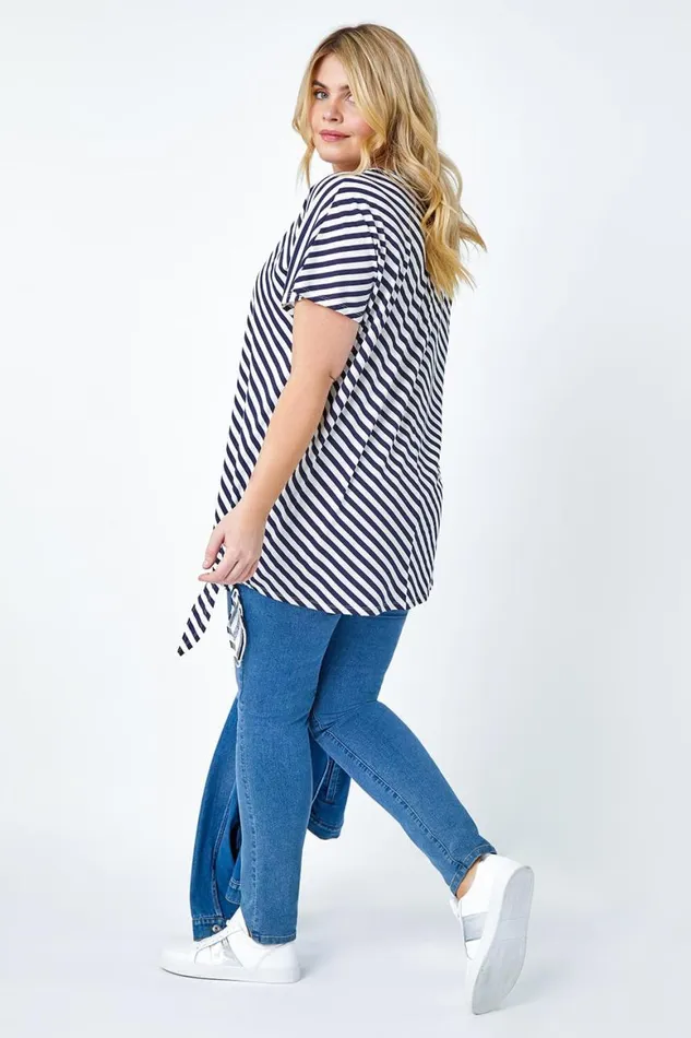 Women Navy Curve Stripe Side Tie Stretch Top Roman Tops