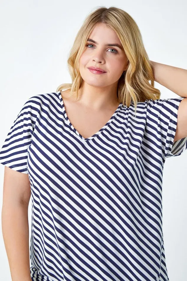 Women Navy Curve Stripe Side Tie Stretch Top Roman Tops