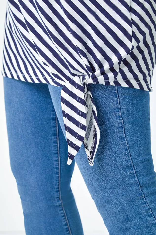 Women Navy Curve Stripe Side Tie Stretch Top Roman Tops