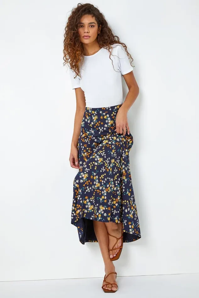 Women Navy Ditsy Floral Print Elastic Waist Midi Skirt Roman Skirts