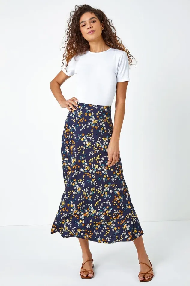 Women Navy Ditsy Floral Print Elastic Waist Midi Skirt Roman Skirts