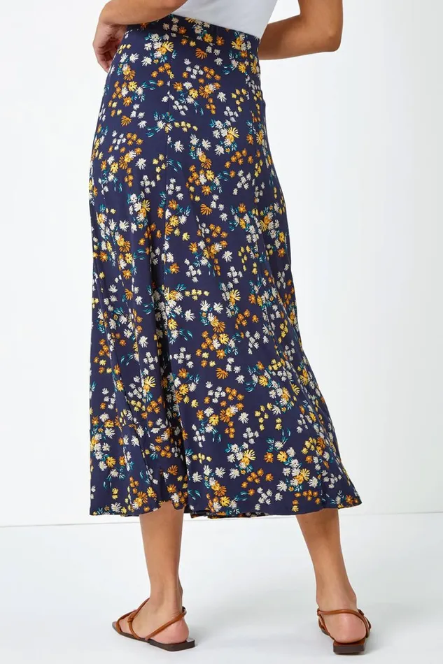 Women Navy Ditsy Floral Print Elastic Waist Midi Skirt Roman Skirts