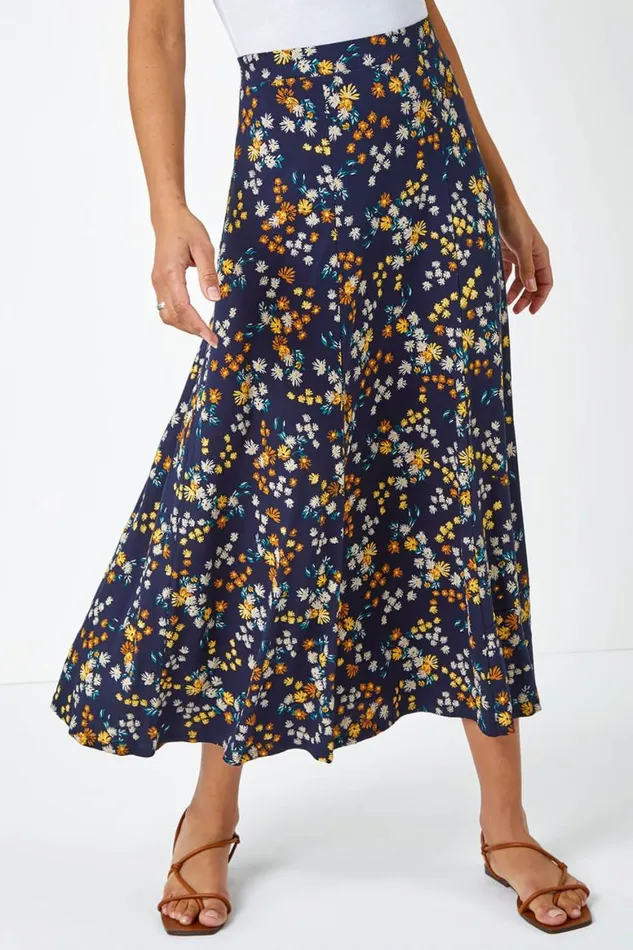 Women Navy Ditsy Floral Print Elastic Waist Midi Skirt Roman Skirts