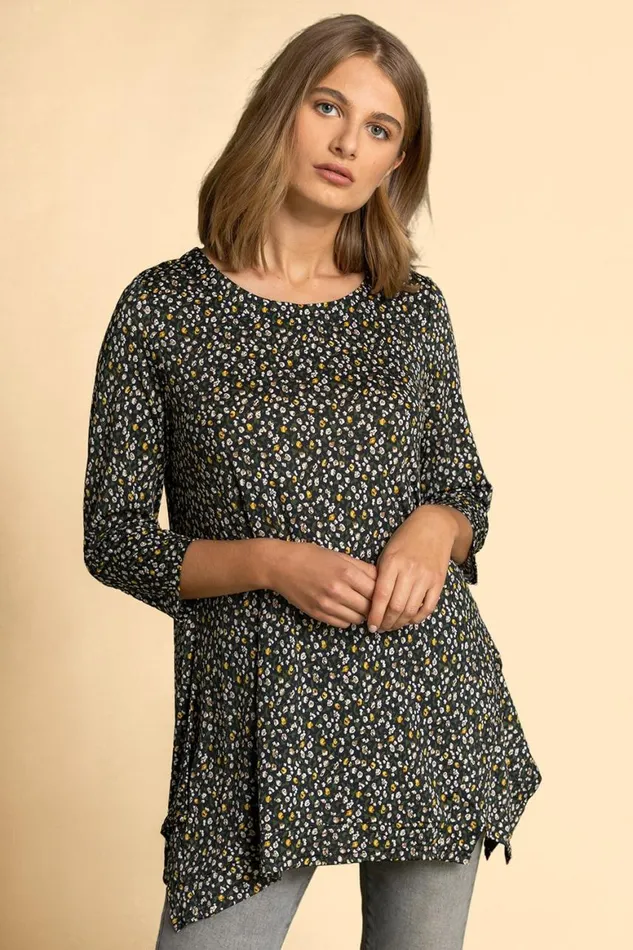 Women Navy Ditsy Floral Print Hanky Hem Top Roman Tops