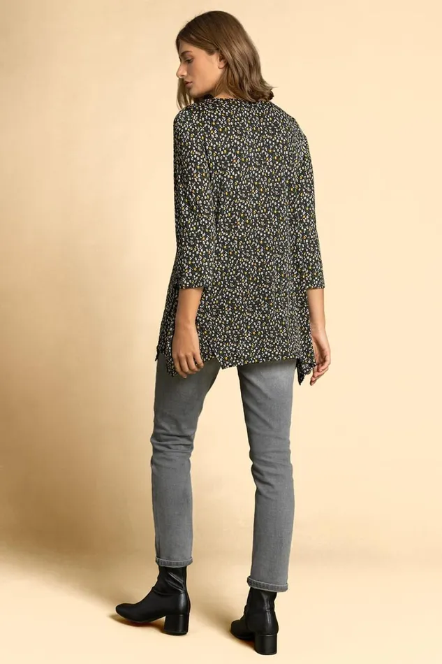Women Navy Ditsy Floral Print Hanky Hem Top Roman Tops