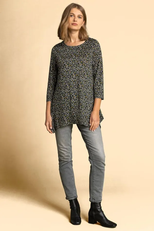 Women Navy Ditsy Floral Print Hanky Hem Top Roman Tops