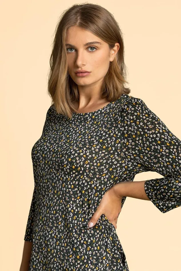 Women Navy Ditsy Floral Print Hanky Hem Top Roman Tops