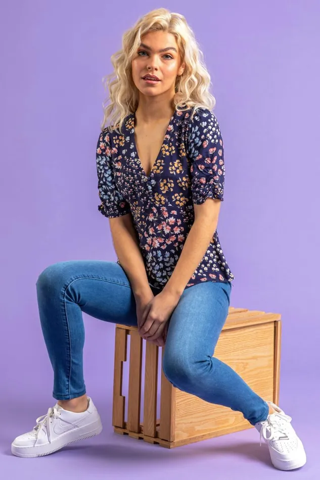 Women Navy Ditsy Floral Tea Top Roman Tops