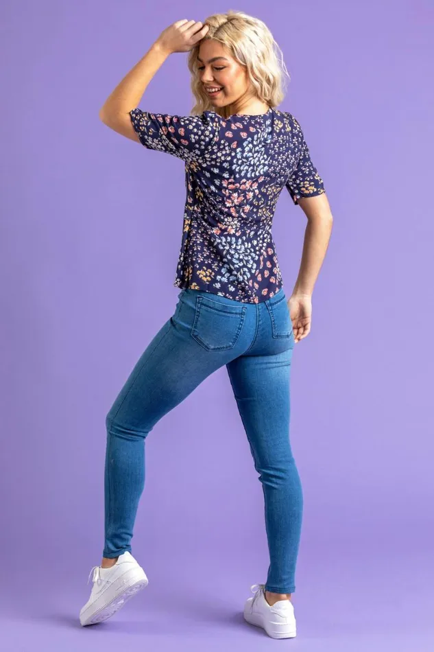 Women Navy Ditsy Floral Tea Top Roman Tops