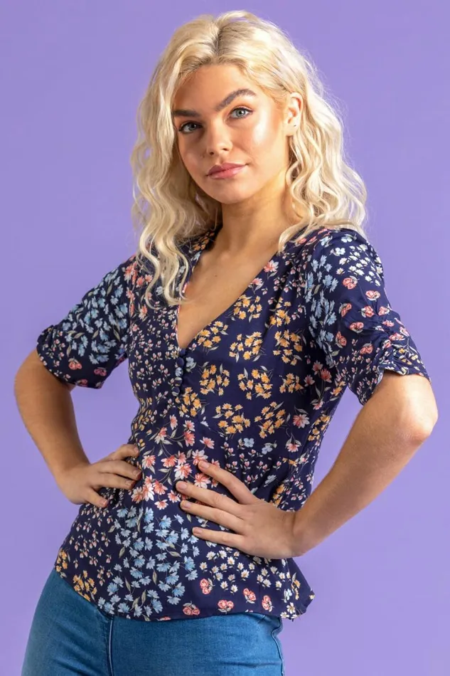 Women Navy Ditsy Floral Tea Top Roman Tops