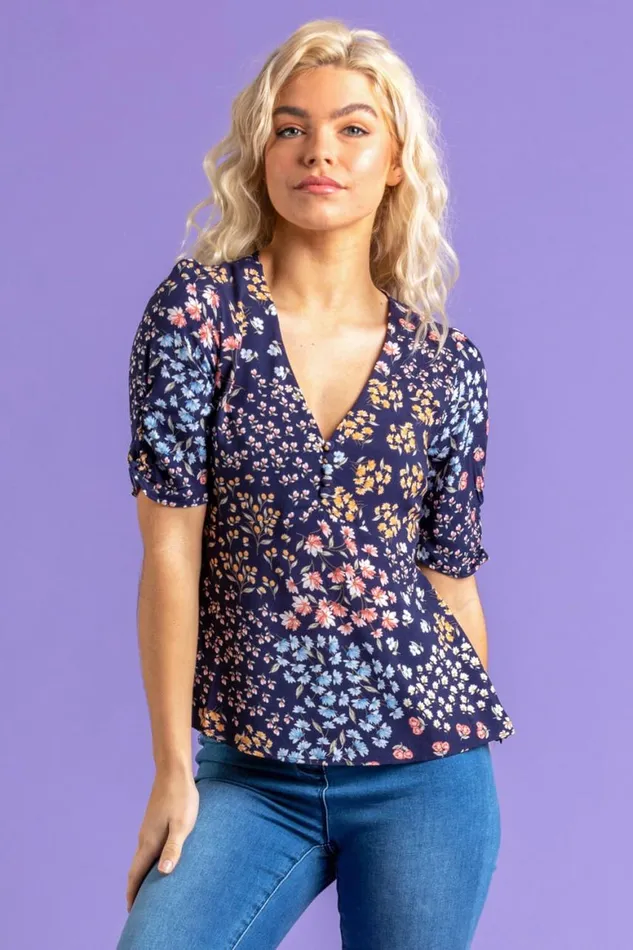 Women Navy Ditsy Floral Tea Top Roman Tops