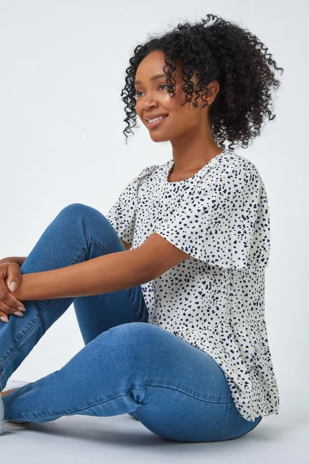 Women Navy Ditsy Spot Print Peplum Top Roman Tops