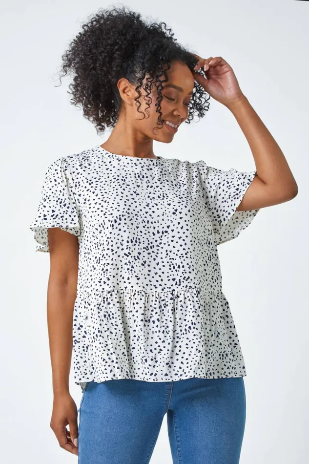 Women Navy Ditsy Spot Print Peplum Top Roman Tops