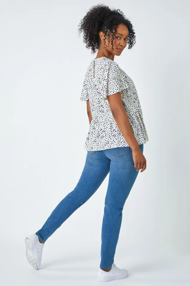 Women Navy Ditsy Spot Print Peplum Top Roman Tops