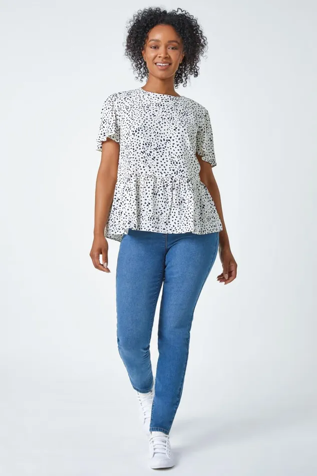 Women Navy Ditsy Spot Print Peplum Top Roman Tops