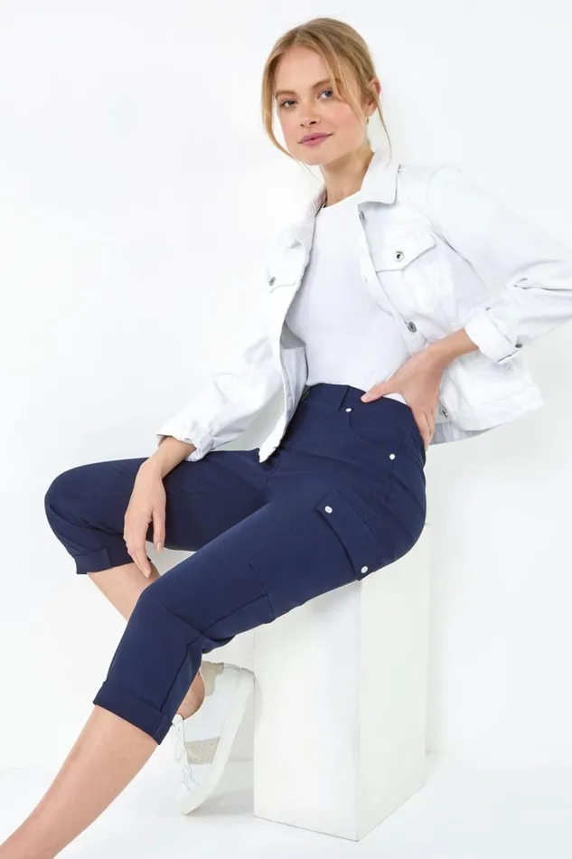 Women Navy Elastic Waist Turn Up Stretch Cargo Trousers Roman Trousers