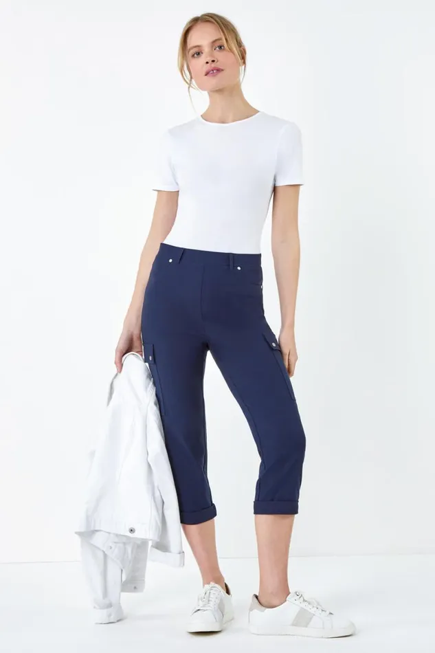 Women Navy Elastic Waist Turn Up Stretch Cargo Trousers Roman Trousers