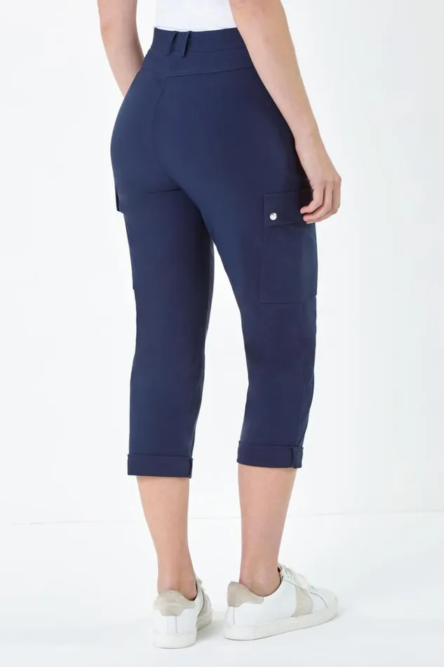 Women Navy Elastic Waist Turn Up Stretch Cargo Trousers Roman Trousers