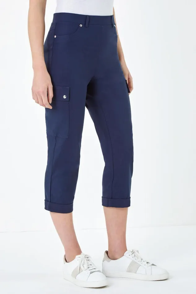 Women Navy Elastic Waist Turn Up Stretch Cargo Trousers Roman Trousers