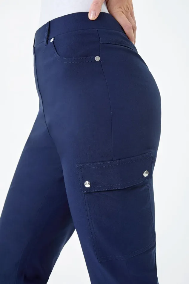 Women Navy Elastic Waist Turn Up Stretch Cargo Trousers Roman Trousers