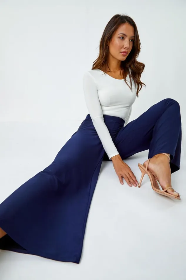 Women Navy Elastic Waist Wide Leg Stretch Trousers Roman Trousers