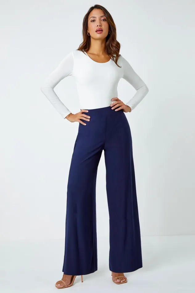 Women Navy Elastic Waist Wide Leg Stretch Trousers Roman Trousers