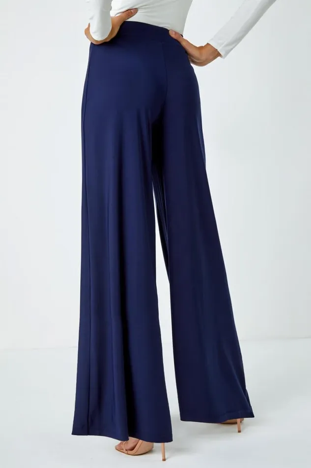 Women Navy Elastic Waist Wide Leg Stretch Trousers Roman Trousers