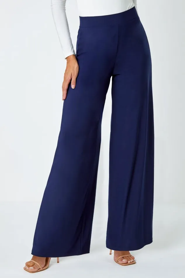 Women Navy Elastic Waist Wide Leg Stretch Trousers Roman Trousers