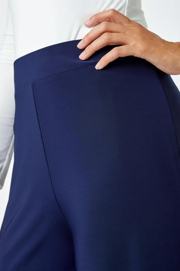 Women Navy Elastic Waist Wide Leg Stretch Trousers Roman Trousers