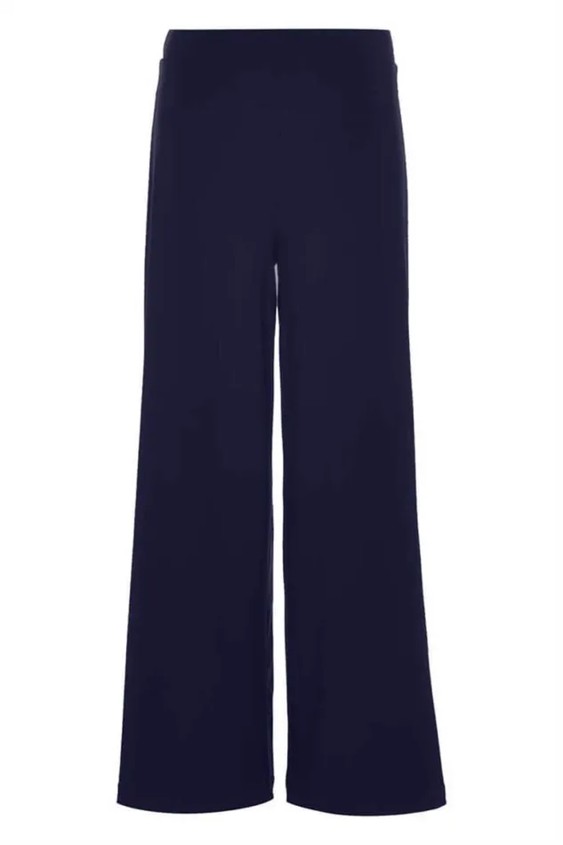 Women Navy Elastic Waist Wide Leg Stretch Trousers Roman Trousers