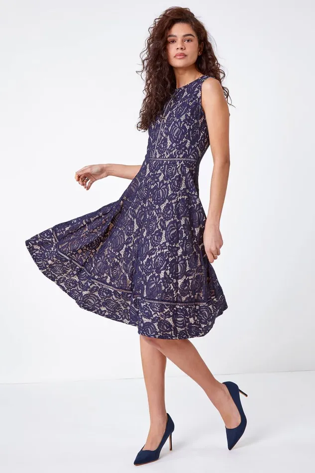 Women Navy Fit And Flare Lace Midi Dress Roman Dresses