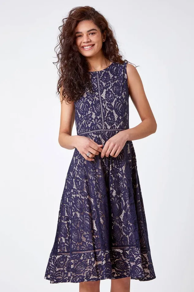 Women Navy Fit And Flare Lace Midi Dress Roman Dresses