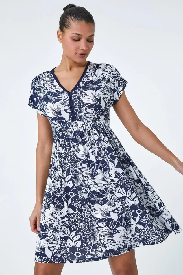 Women Navy Floral Gathered Stretch Jersey Dress Roman Dresses