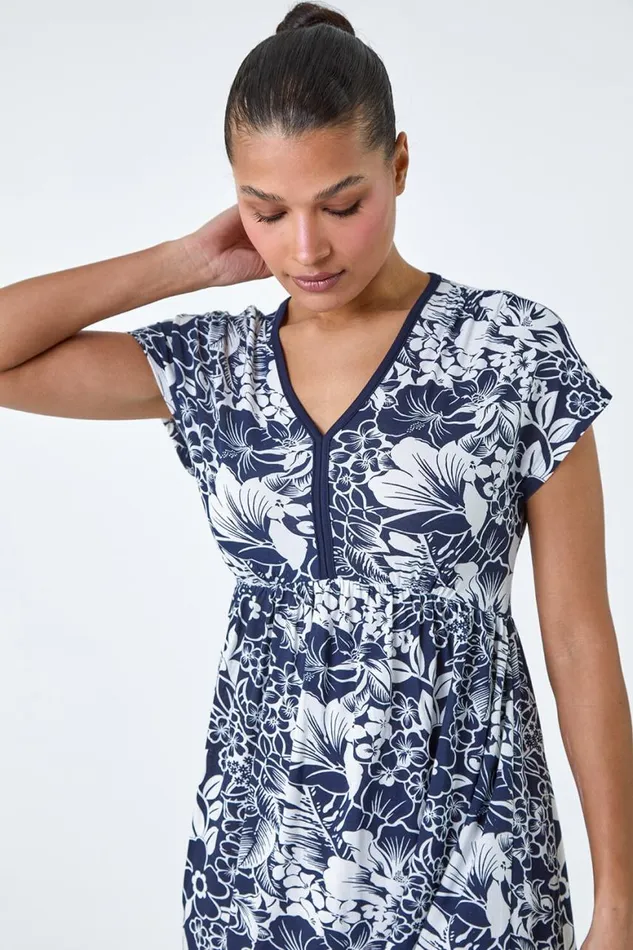 Women Navy Floral Gathered Stretch Jersey Dress Roman Dresses