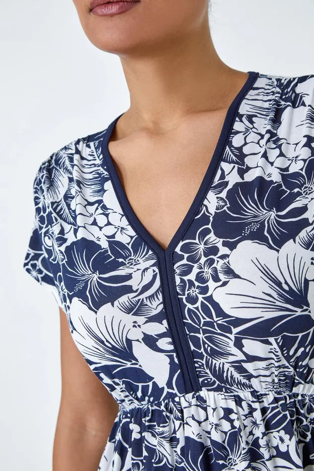 Women Navy Floral Gathered Stretch Jersey Dress Roman Dresses