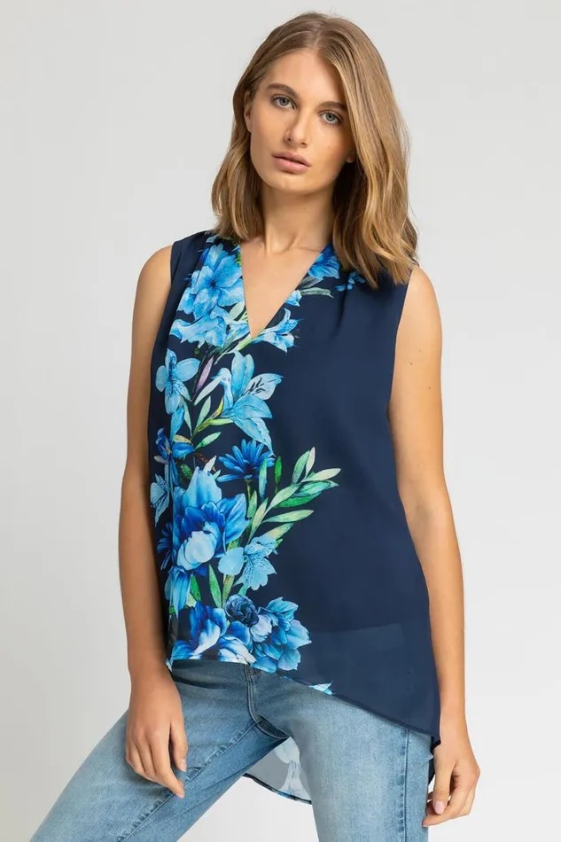 Women Navy Floral Print Dipped Hem Chiffon Vest Top Roman Tops