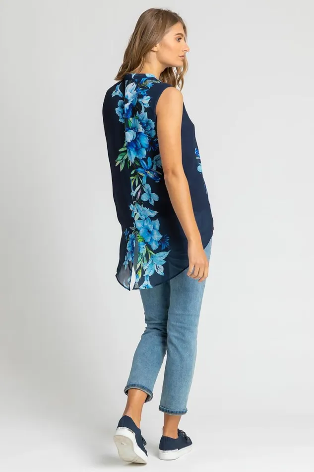 Women Navy Floral Print Dipped Hem Chiffon Vest Top Roman Tops