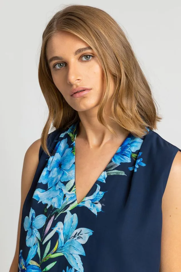 Women Navy Floral Print Dipped Hem Chiffon Vest Top Roman Tops