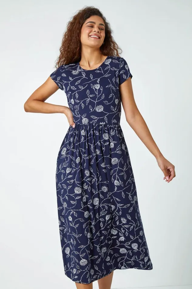 Women Navy Floral Print Midi Stretch Dress Roman Dresses