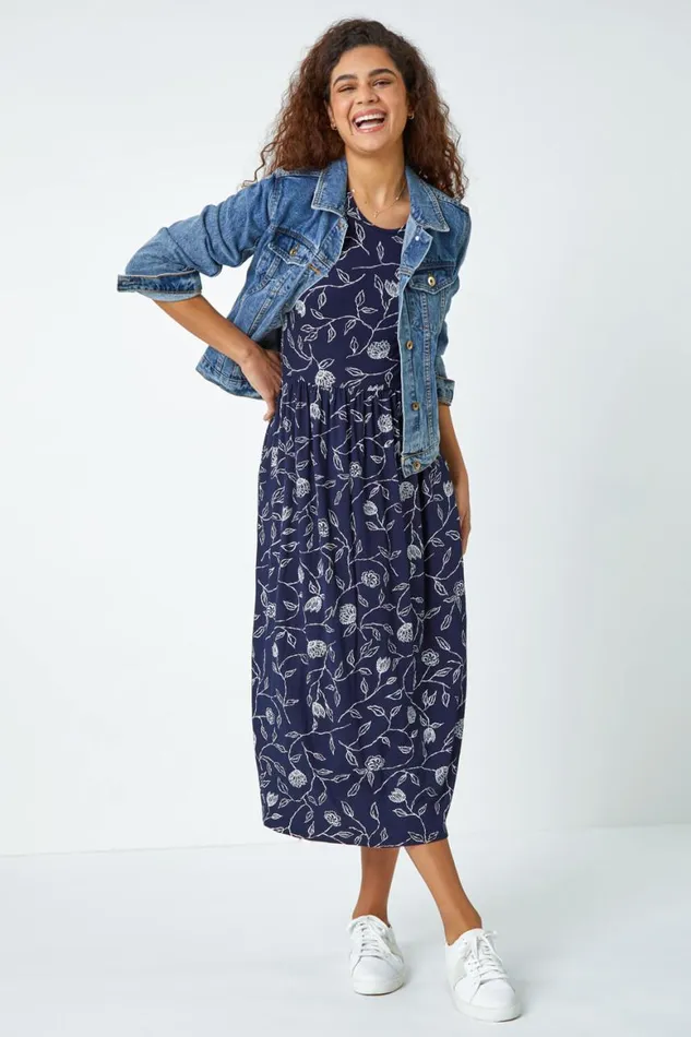 Women Navy Floral Print Midi Stretch Dress Roman Dresses