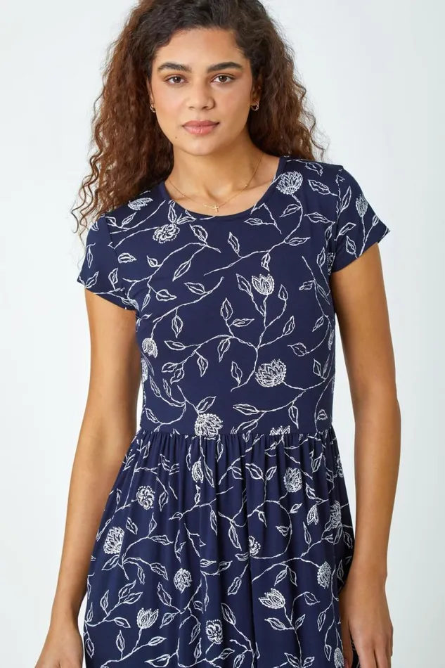 Women Navy Floral Print Midi Stretch Dress Roman Dresses