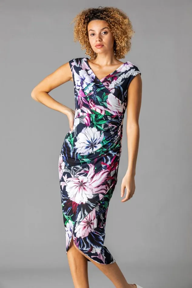 Women Navy Floral Print Ruched Wrap Dress Roman Dresses